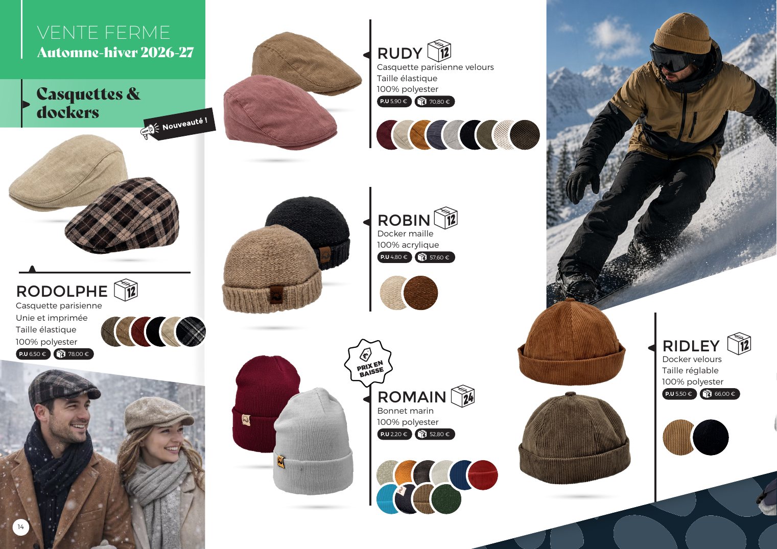 Page Vente ferme : casquettes et dockers