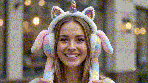 Jeune femme portant des cache-oreilles licorne Les Bidules